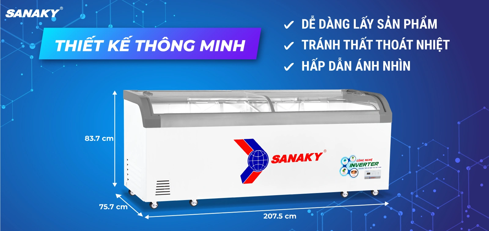 Thiết kế kính cong của Tủ Đông Sanaky VH-1099K3A Tủ đông kính cong 750 lít Sanaky Inverter VH-1099K3A với thiết kế mặt kính cong