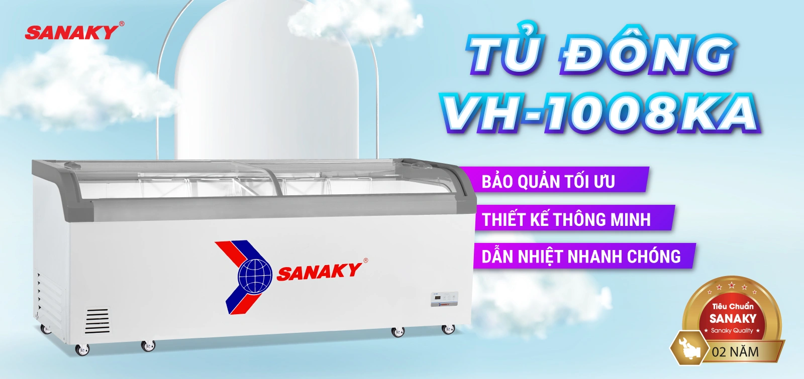 Tủ Đông Sanaky VH-1008KA Tủ đông kính cong 750 lít Sanaky VH-1008KA với thiết kế mặt kính cong và cánh lùa