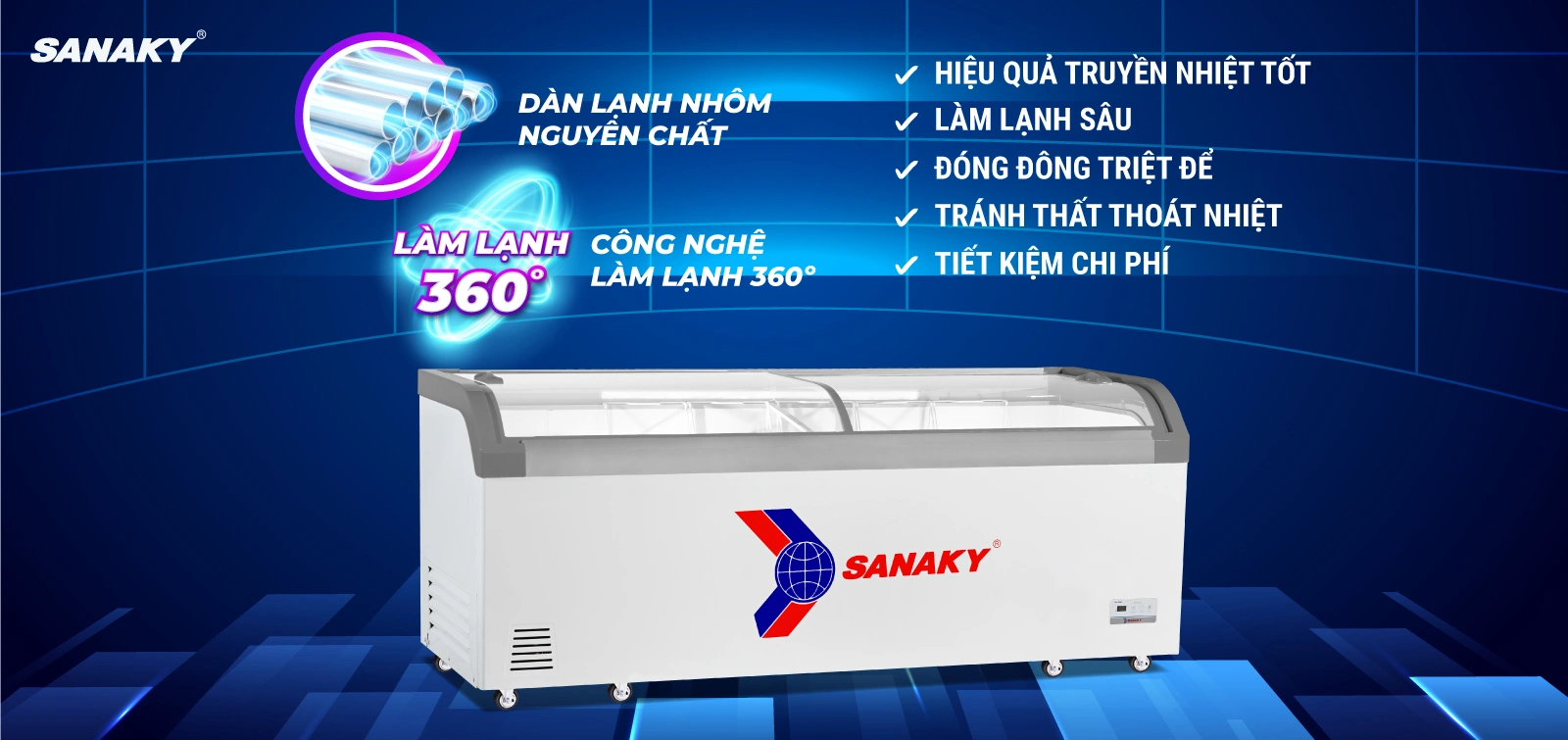 Dàn lạnh nhôm kết hợp công nghệ làm lạnh 360 độ Tủ đông kính cong 750 lít Sanaky VH-1008KA với dàn lạnh nhôm và công nghệ làm lạnh 360 độ