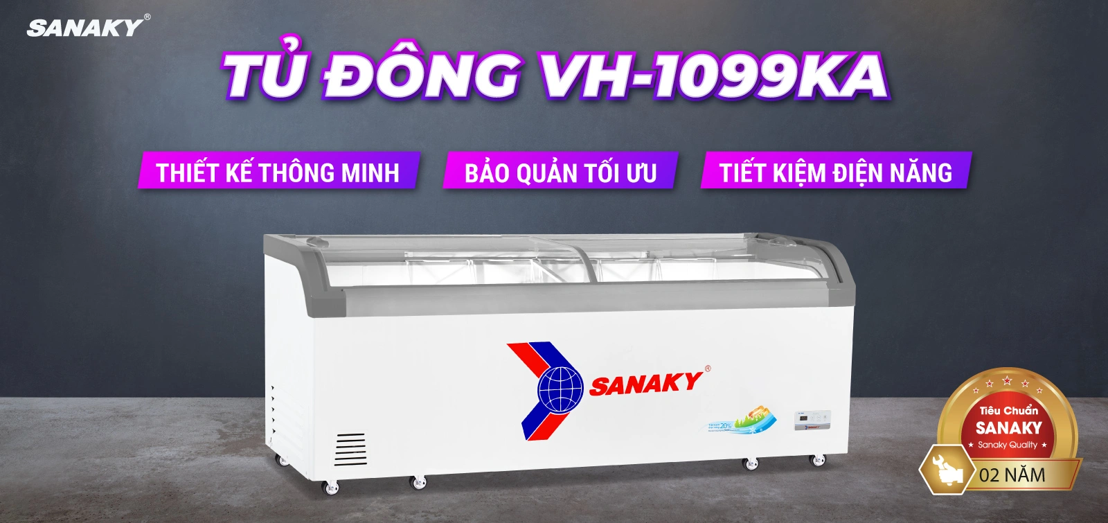 Tủ Đông Sanaky VH-1099KA Tủ đông kính cong 750 lít Sanaky VH-1099KA thiết kế mặt kính cong trưng bày sản phẩm
