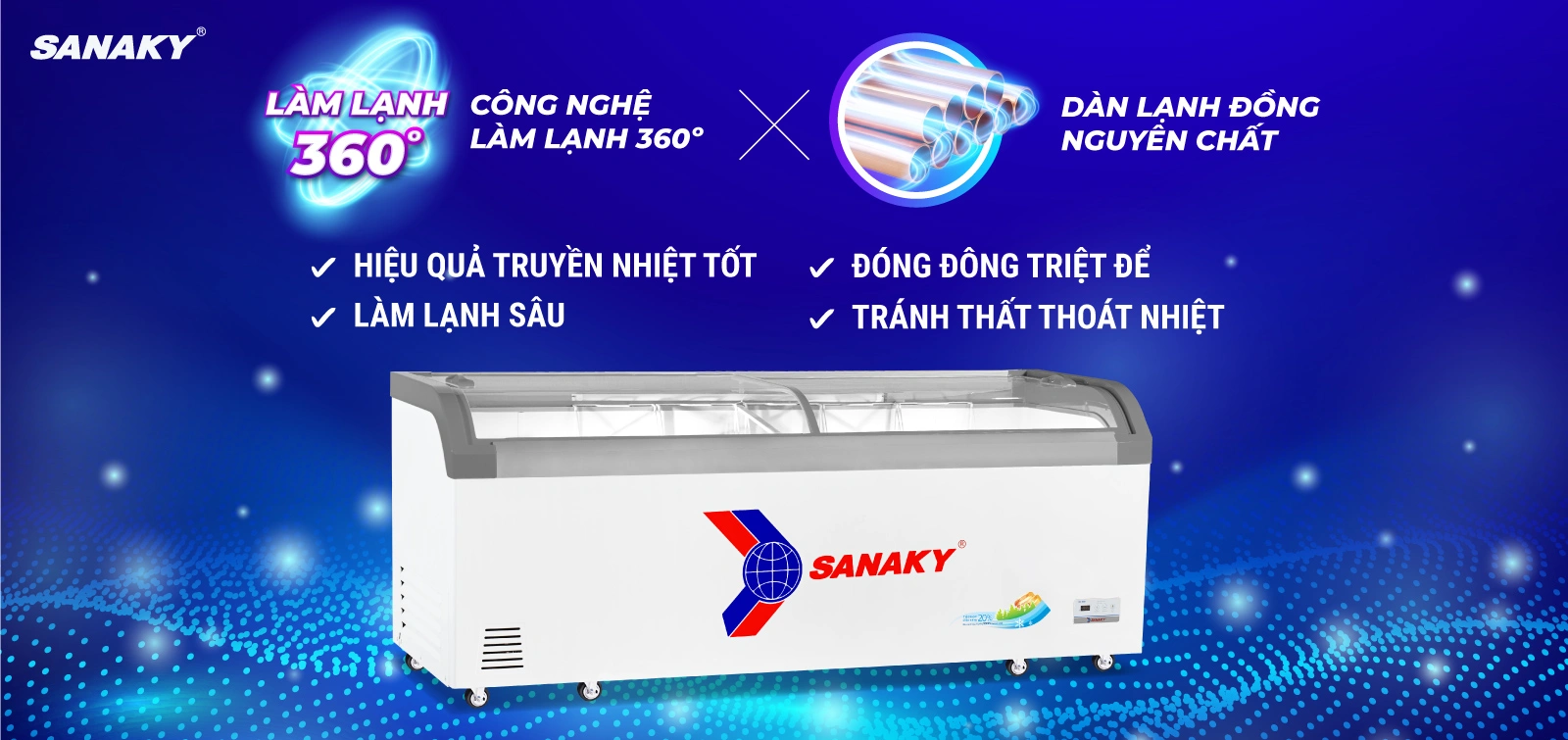 Dàn lạnh đồng kết hợp Công nghệ làm lạnh 360 độ Tủ đông kính cong 750 lít Sanaky VH-1099KA với dàn lạnh đồng và công nghệ làm lạnh 360 độ