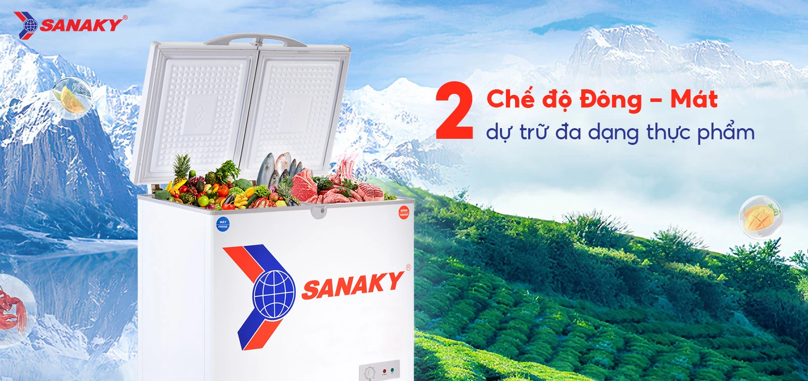 Tủ đông mát 165 lít Sanaky VH-225W2 với 2 chế độ Đông - Mát dự trữ đa dạng thực phẩm