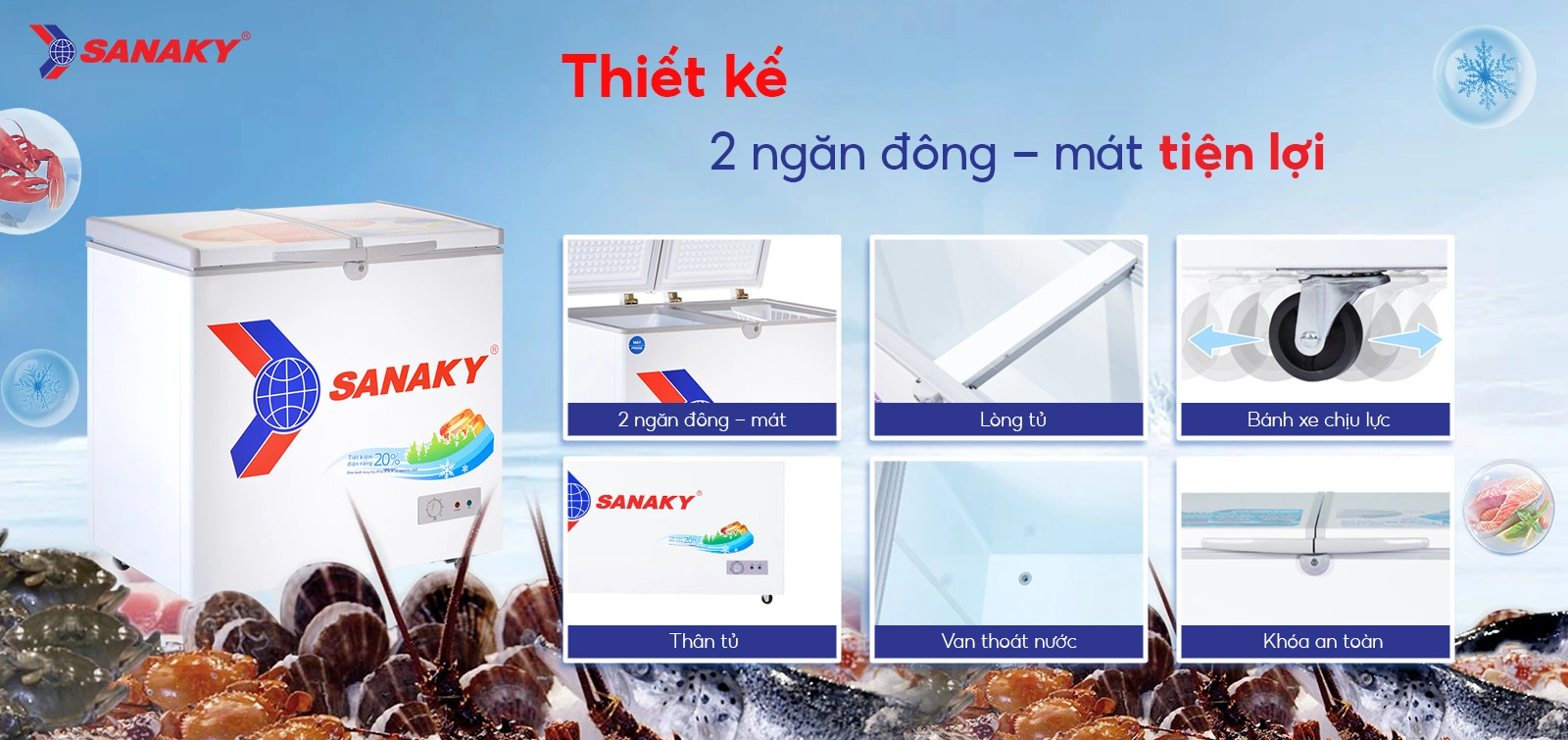 Thiết kế 2 ngăn đông - mát tiện lợi Tủ đông mát 165 lít Sanaky VH-2299W1 với thiết kế 2 ngăn đông - mát tiện lợi