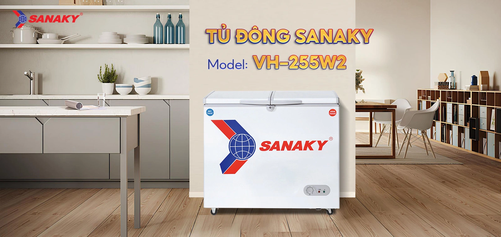 Tủ đông mát 195 lít Sanaky VH-255W2 màu trắng hiện đại