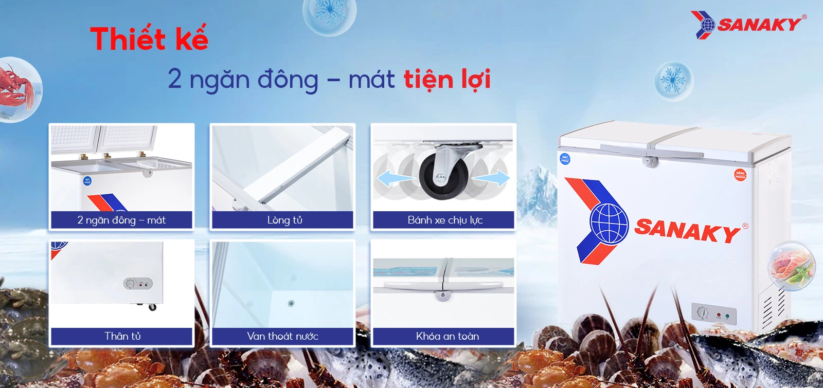 Tủ đông mát 195 lít Sanaky VH-255W2 với thiết kế 2 ngăn đông - mát tiện lợi