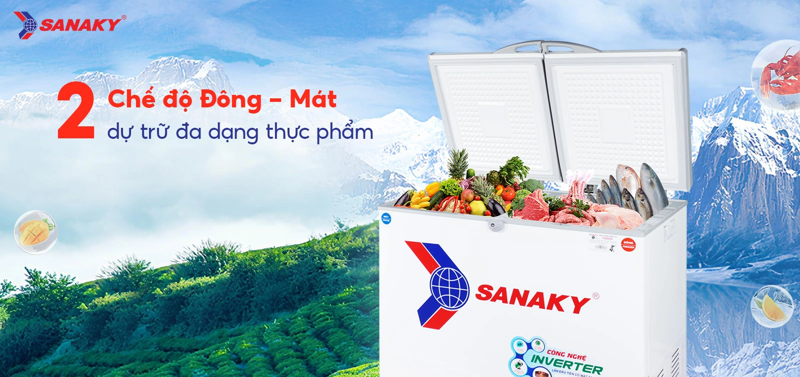 Tủ đông mát 195 lít Sanaky VH-2599W3 với 2 chế độ Đông - Mát dự trữ đa dạng thực phẩm