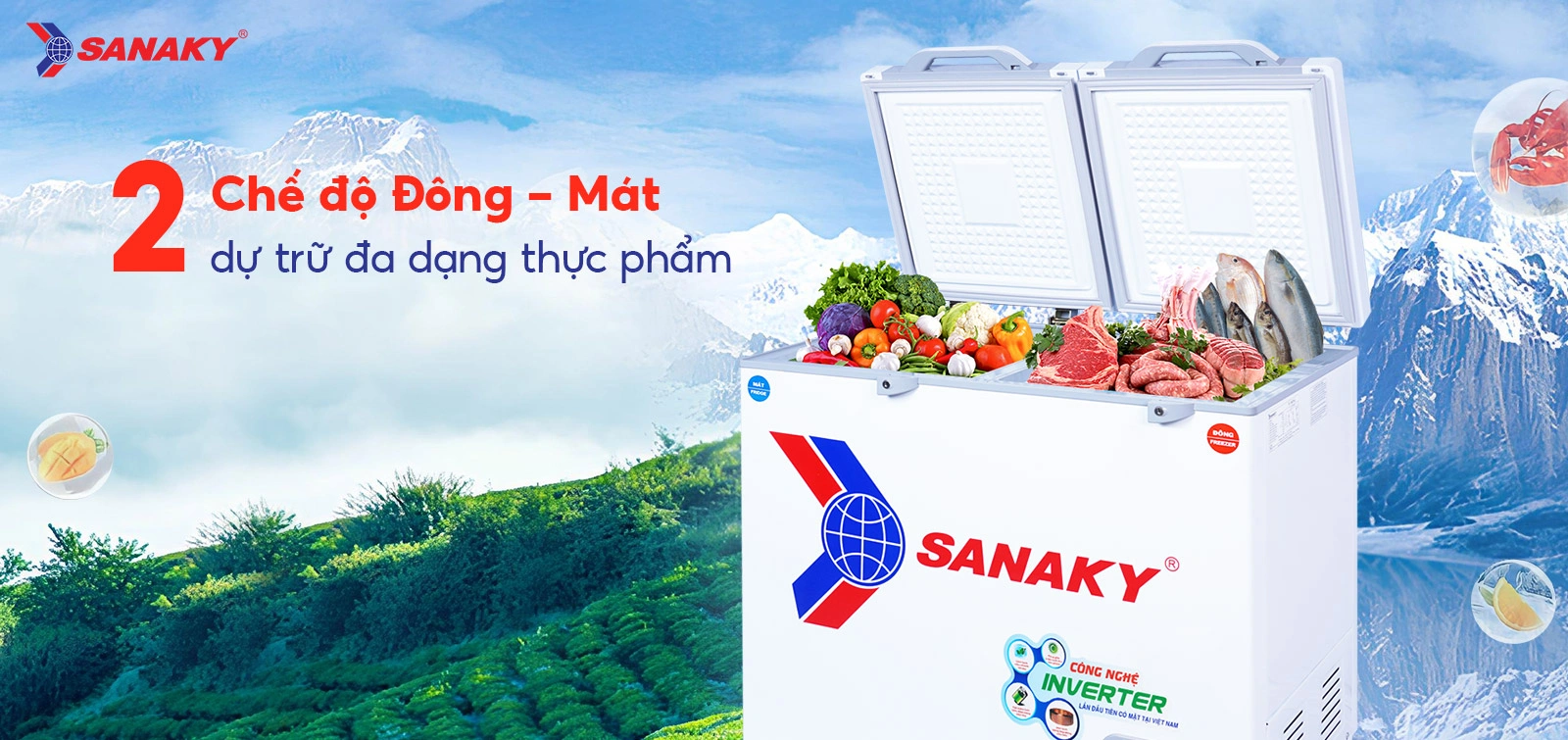 2 chế độ Đông - Mát dự trữ đa dạng thực phẩm Tủ đông mát 195 lít Sanaky VH-2599W4K với 2 chế độ Đông - Mát