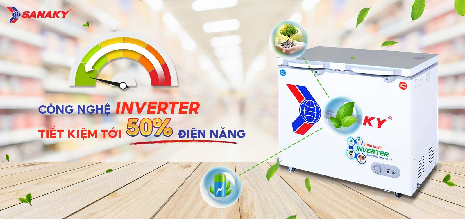 Công nghệ Inverter tiết kiệm tới 50% điện điện năng Tủ đông mát 195 lít Sanaky VH-2599W4K tích hợp công nghệ Inverter