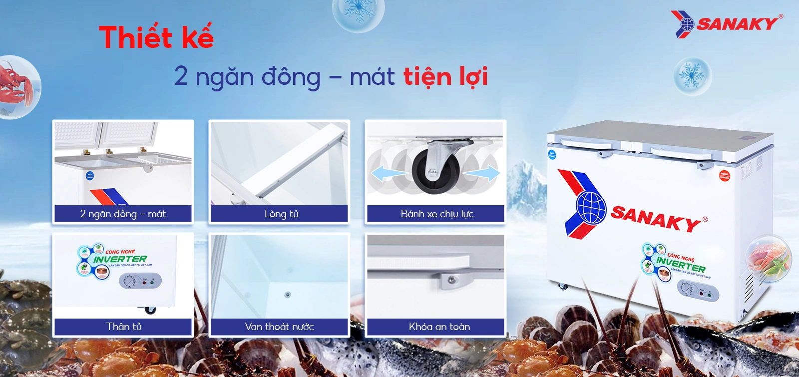 Thiết kế 2 ngăn đông - mát tiện lợi Tủ đông mát 195 lít Sanaky VH-2599W4K với thiết kế 2 ngăn đông - mát tiện lợi