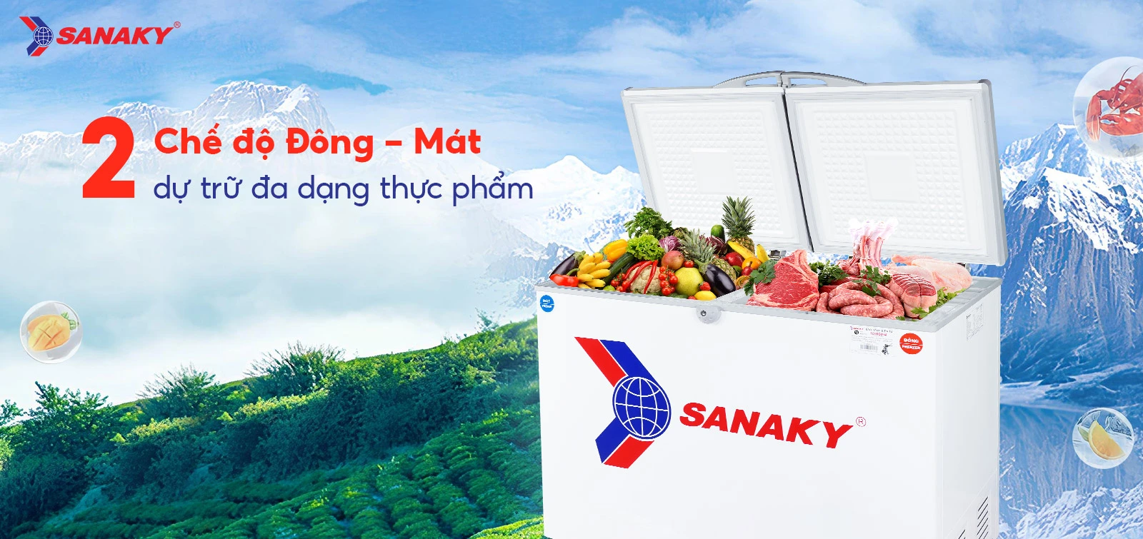 2 chế độ Đông - Mát dự trữ đa dạng thực phẩm Tủ đông mát 220 lít Sanaky VH-285W2 với 2 chế độ Đông - Mát dự trữ đa dạng thực phẩm
