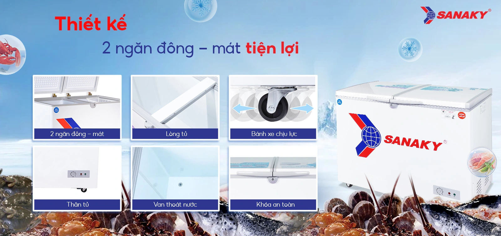 Thiết kế 2 ngăn đông - mát tiện lợi Thiết kế 2 ngăn đông - mát tiện lợi của Tủ đông mát 220 lít Sanaky VH-285W2