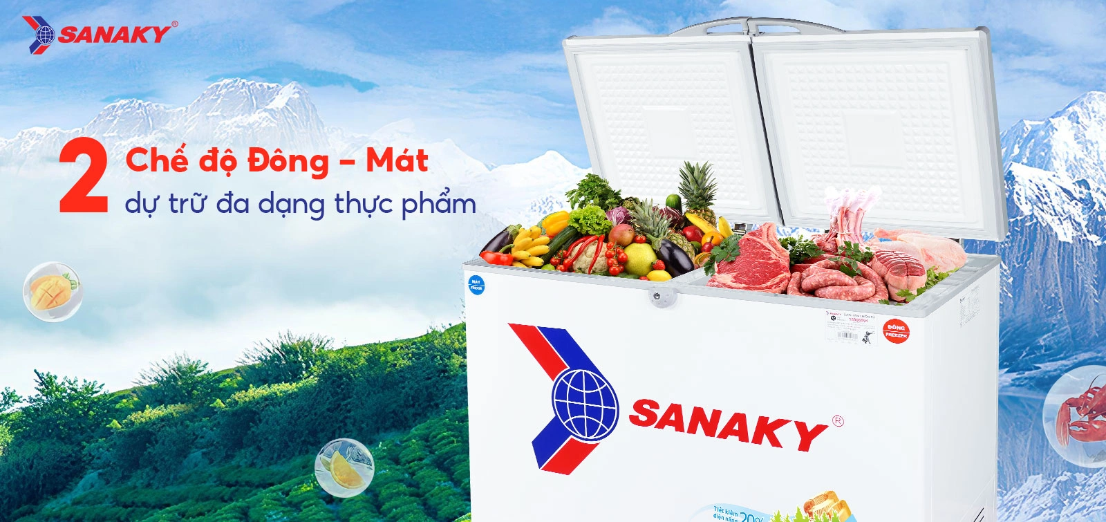Tủ đông mát 220 lít Sanaky VH-2899W1 với 2 chế độ Đông - Mát dự trữ đa dạng thực phẩm
