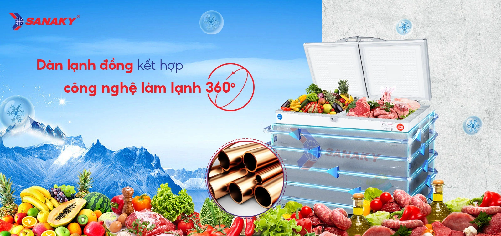 Tủ đông mát 220 lít Sanaky VH-2899W1 với dàn lạnh đồng và công nghệ làm lạnh 360 độ
