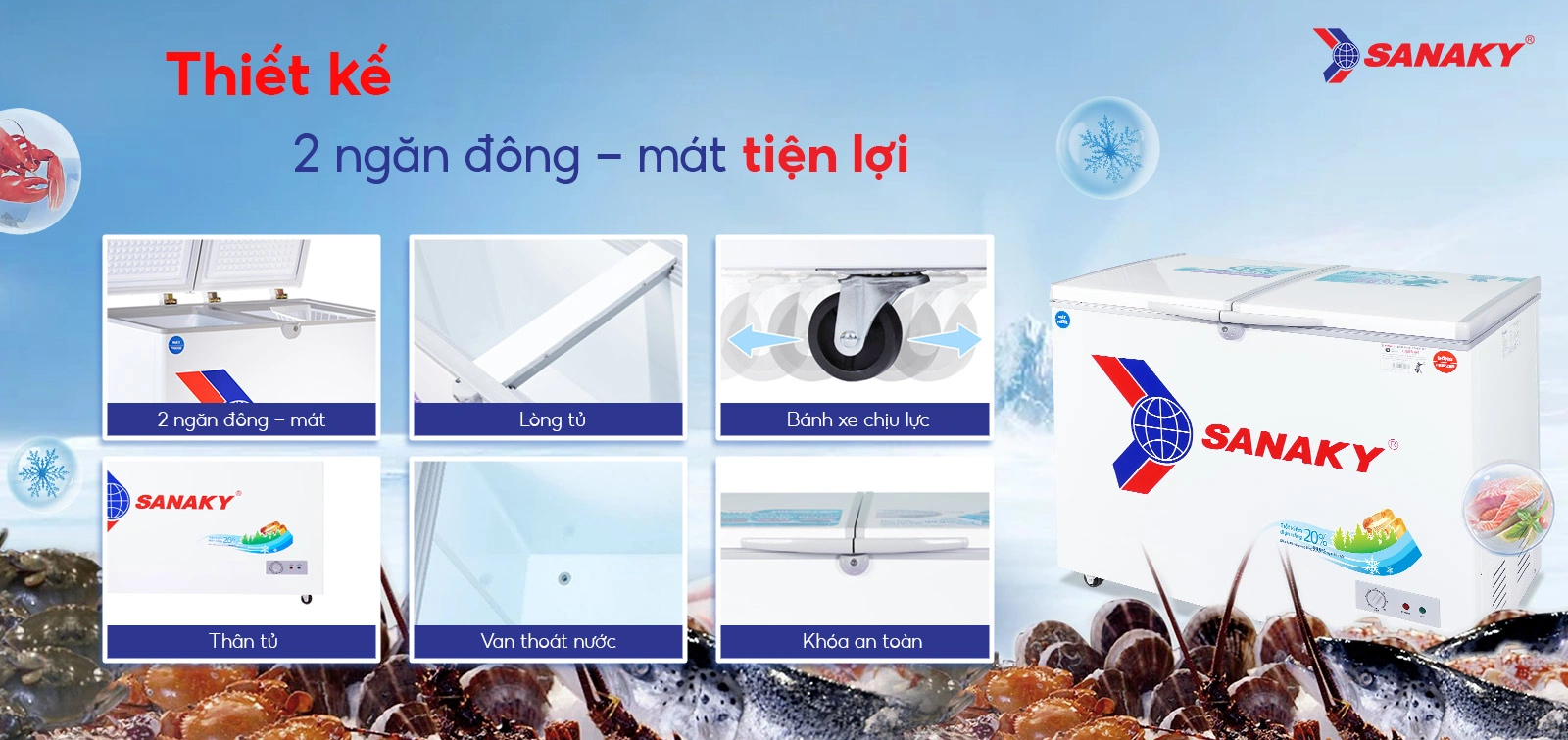 Thiết kế 2 ngăn đông - mát tiện lợi của Tủ đông mát 220 lít Sanaky VH-2899W1