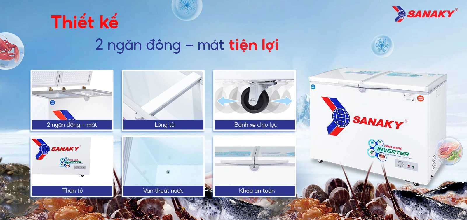 Thiết kế 2 ngăn đông - mát tiện lợi Tủ đông mát 220 lít Sanaky VH-2899W3 với thiết kế 2 ngăn đông - mát tiện lợi