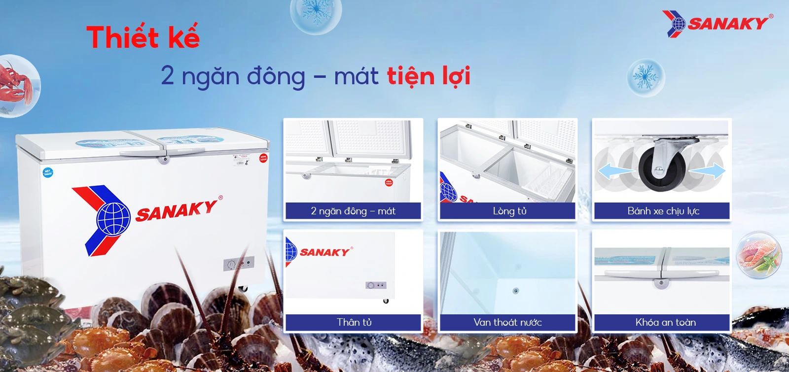 Thiết kế 2 ngăn đông - mát tiện lợi của tủ đông mát 260 lít Sanaky VH-365W2