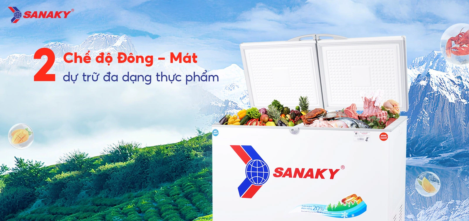 2 chế độ Đông - Mát dự trữ đa dạng thực phẩm Tủ đông mát 260 lít Sanaky VH-3699W1 với 2 chế độ Đông - Mát dự trữ đa dạng thực phẩm