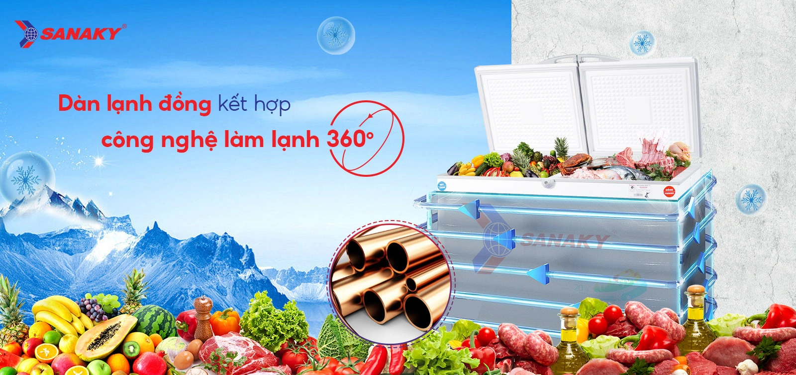 Dàn lạnh đồng kết hợp Công nghệ làm lạnh 360 độ Tủ đông mát 260 lít Sanaky VH-3699W1 với dàn lạnh đồng và công nghệ làm lạnh 360 độ