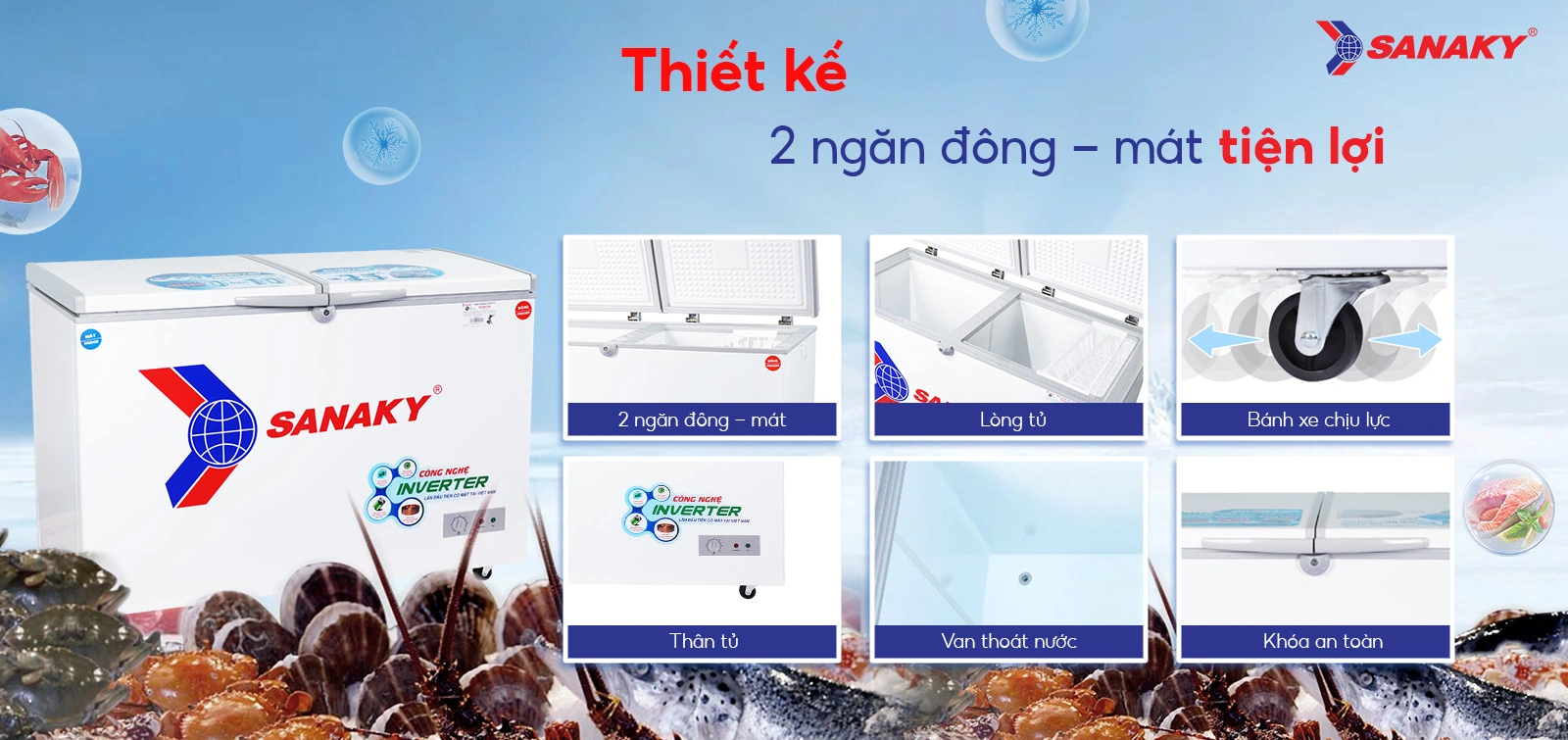 Thiết kế 2 ngăn đông - mát tiện lợi Tủ đông mát 260 lít Sanaky VH-3699W3 với thiết kế 2 ngăn đông - mát tiện lợi