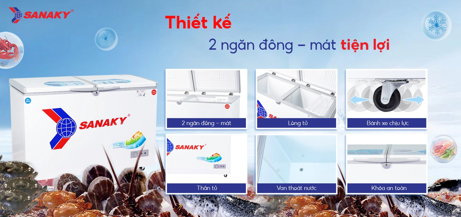 Thiết kế 2 ngăn đông - mát tiện lợi Tủ đông mát 280 lít Sanaky VH-4099W1 với thiết kế 2 ngăn đông - mát tiện lợi