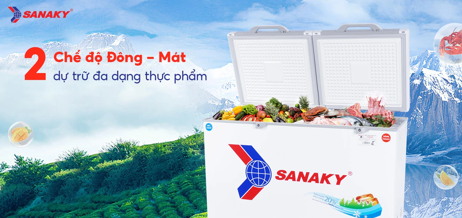 2 chế độ Đông – Mát dự trữ đa dạng thực phẩm Tủ đông mát 280 lít Sanaky VH-4099W2KD với 2 chế độ Đông - Mát