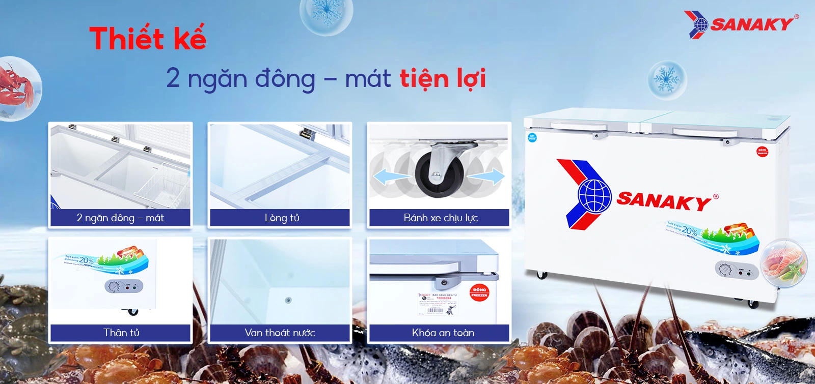 Thiết kế 2 ngăn đông – mát tiện lợi Tủ đông mát 280 lít Sanaky VH-4099W2KD với thiết kế 2 ngăn đông - mát tiện lợi