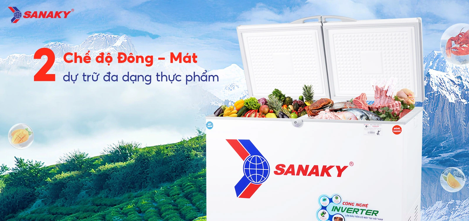 2 chế độ Đông - Mát dự trữ đa dạng thực phẩm Tủ đông mát 280 lít Sanaky VH-4099W3 với 2 chế độ Đông - Mát dự trữ đa dạng thực phẩm