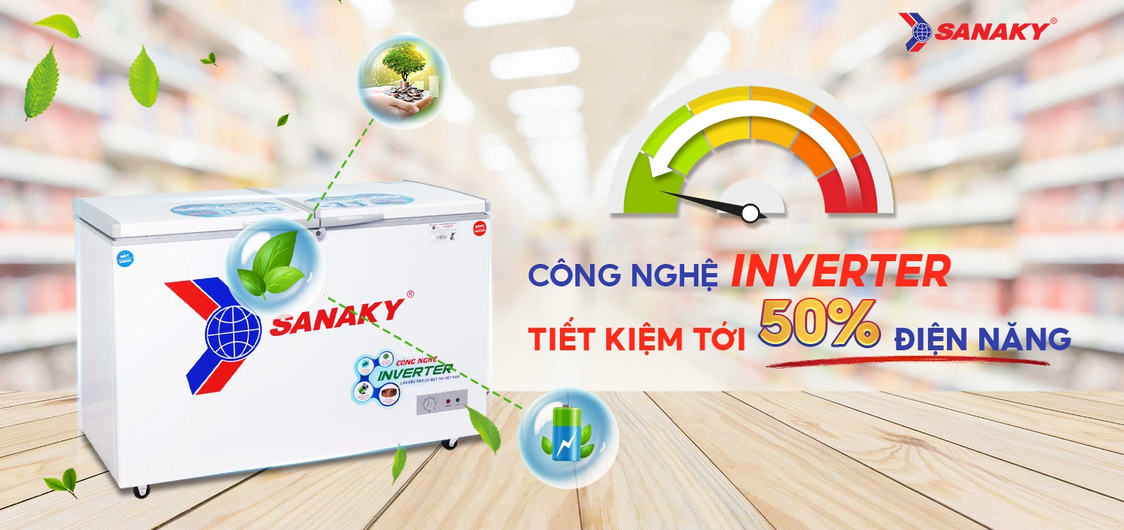 Công nghệ Inverter tiết kiệm tới 50% điện điện năng Tủ đông mát 280 lít Sanaky VH-4099W3 tích hợp công nghệ Inverter tiết kiệm điện