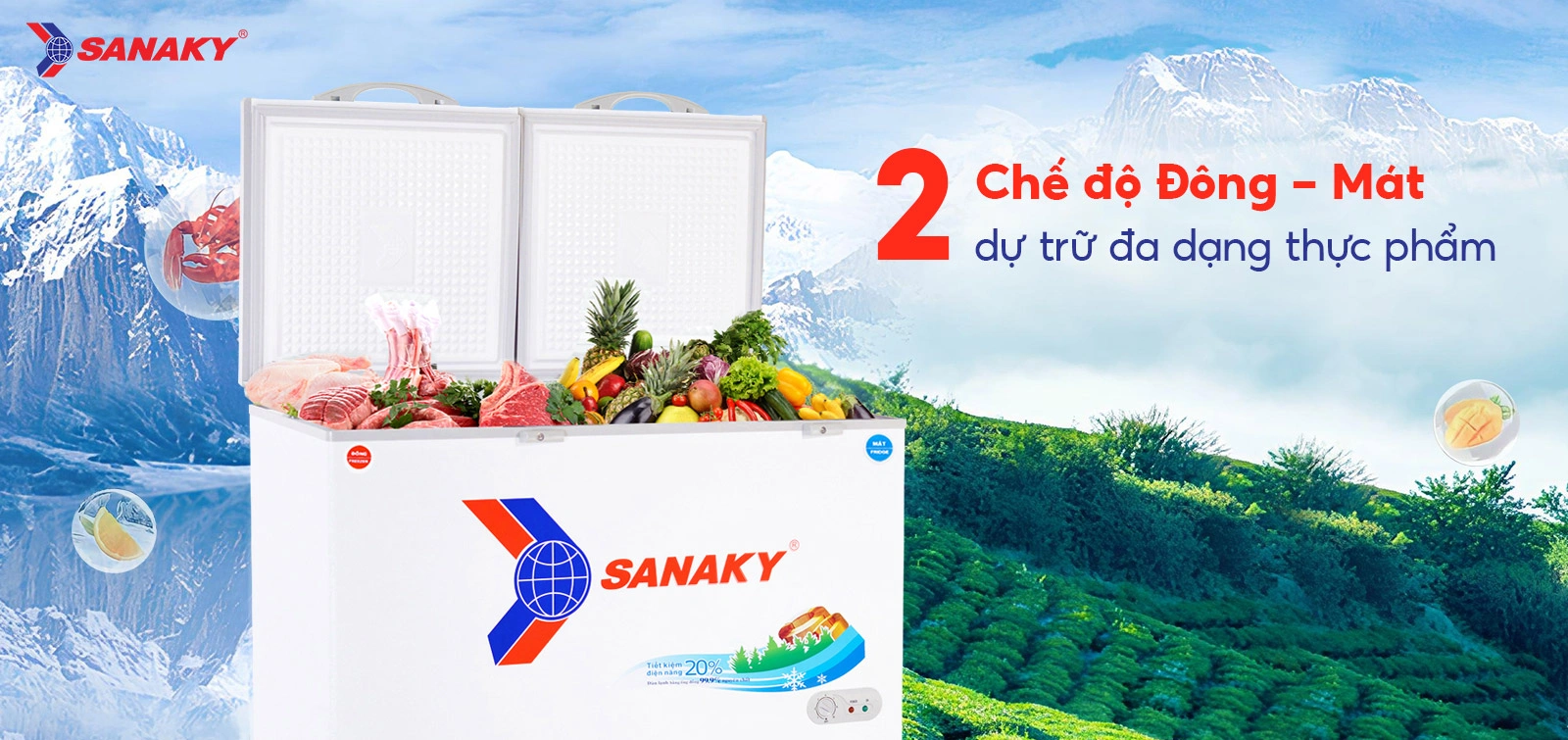 Tủ đông mát 365 lít Sanaky VH-5699W1 với 2 chế độ Đông - Mát dự trữ đa dạng thực phẩm