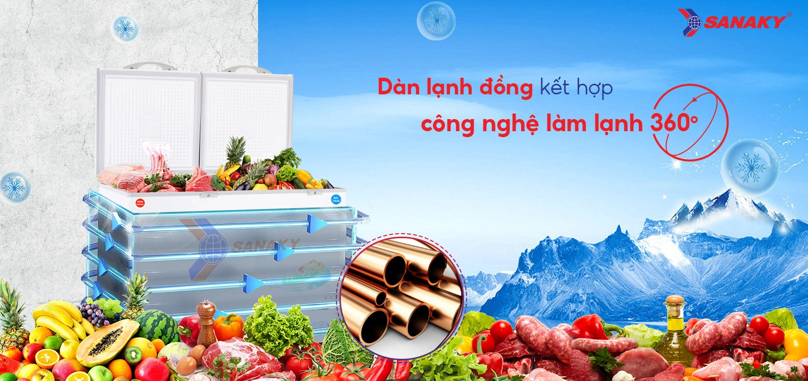 Tủ đông mát 365 lít Sanaky VH-5699W1 với dàn lạnh đồng và công nghệ làm lạnh 360 độ