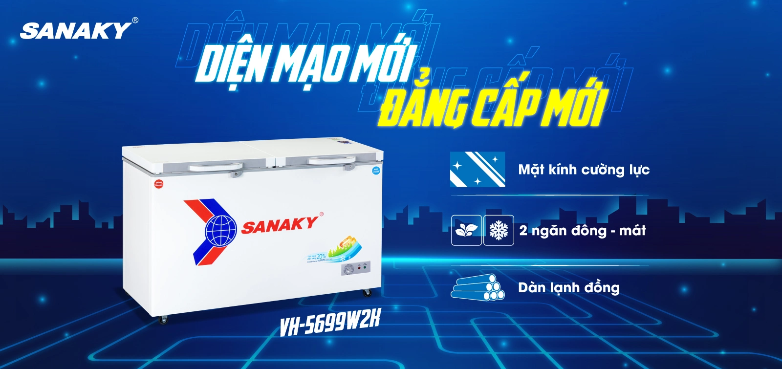 Tủ đông Sanaky VH-5699W2K Tủ đông mát 365 lít Sanaky VH-5699W2K với mặt kính cường lực và dàn lạnh đồng