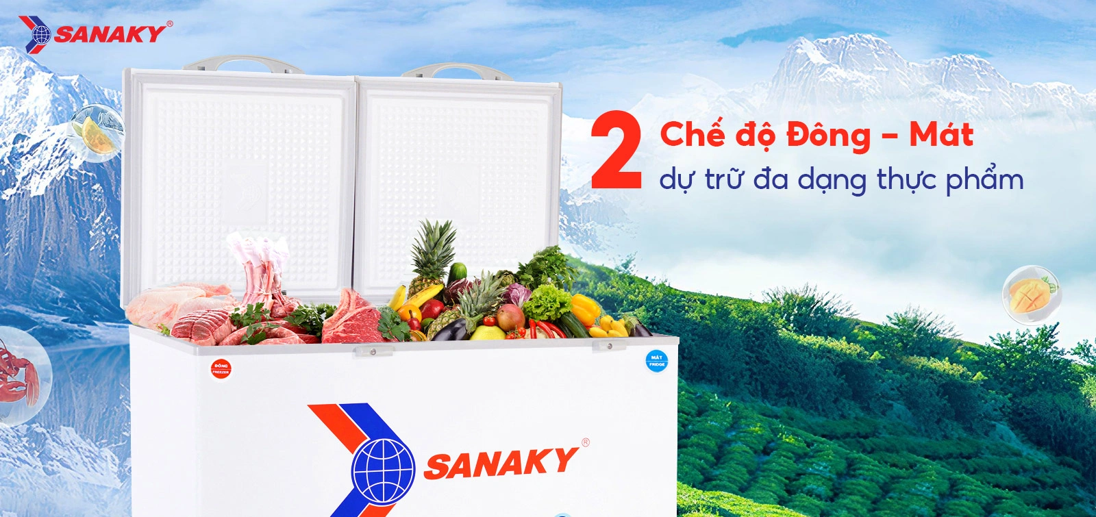 2 chế độ Đông - Mát dự trữ đa dạng thực phẩm Tủ đông mát 365 lít Sanaky VH-5699W3 với 2 chế độ Đông - Mát dự trữ đa dạng thực phẩm