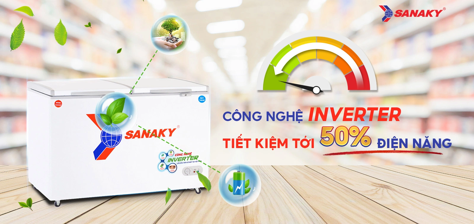 Công nghệ Inverter tiết kiệm tới 50% điện điện năng Tủ đông mát 365 lít Sanaky VH-5699W3 tích hợp công nghệ Inverter