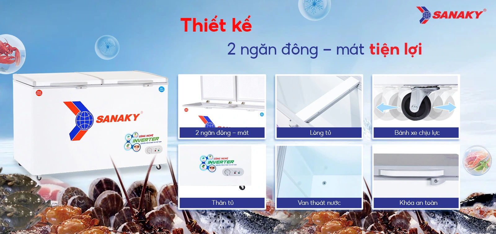 Thiết kế 2 ngăn đông - mát tiện lợi Tủ đông mát 365 lít Sanaky VH-5699W3 với thiết kế 2 ngăn đông - mát tiện lợi