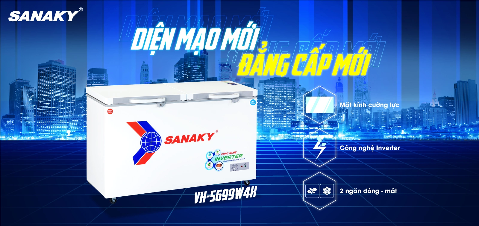 Tủ đông Sanaky VH-5699W4K Tủ đông mát 365 lít Sanaky VH-5699W4K với thiết kế mặt kính cường lực và công nghệ Inverter