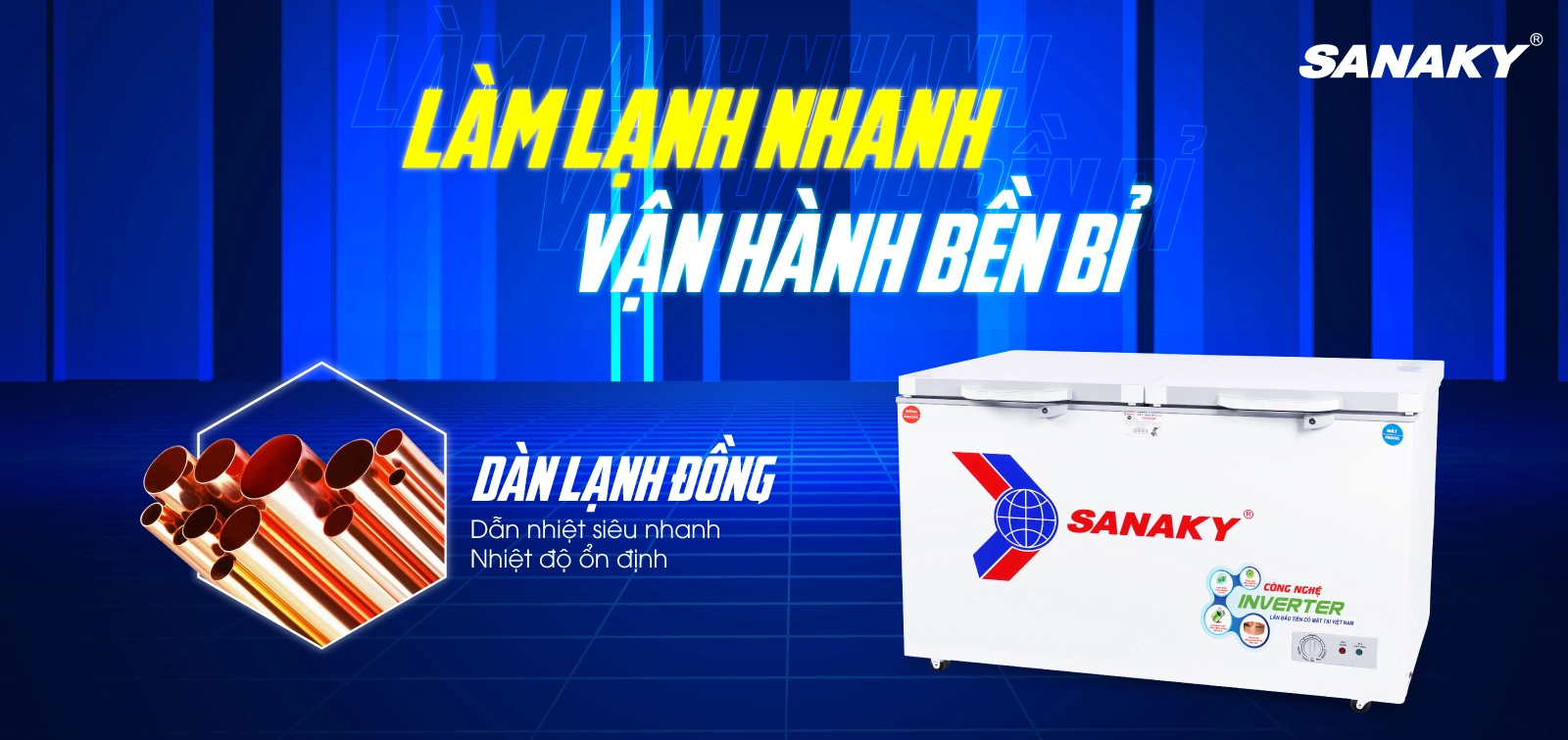 Dàn lạnh bằng đồng kết hợp công nghệ làm lạnh 360 độ Tủ đông mát 365 lít Sanaky VH-5699W4K với dàn lạnh bằng đồng