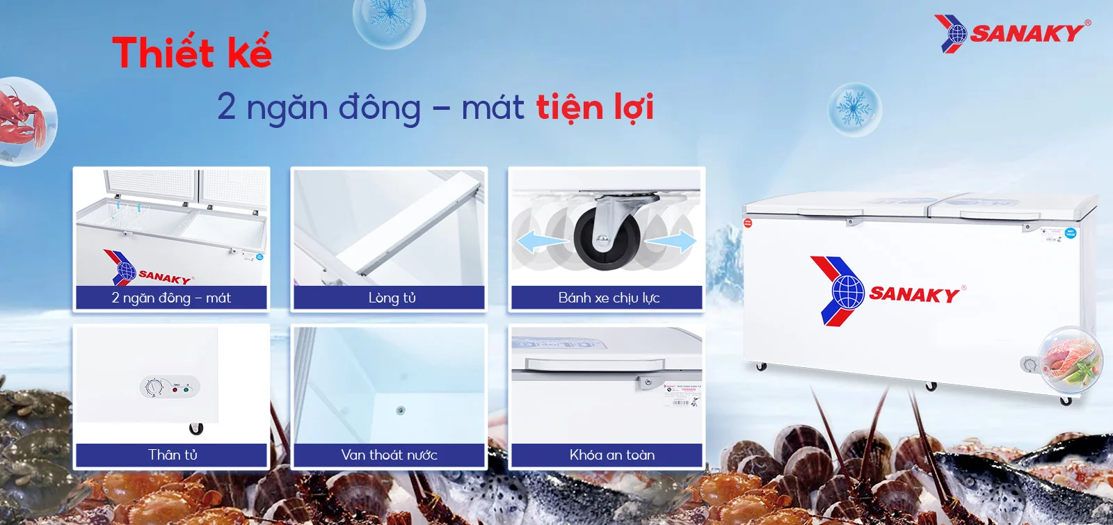 Thiết kế 2 ngăn đông - mát tiện lợi Tủ đông mát 485 lít Sanaky VH-668W2 với thiết kế 2 ngăn đông - mát tiện lợi