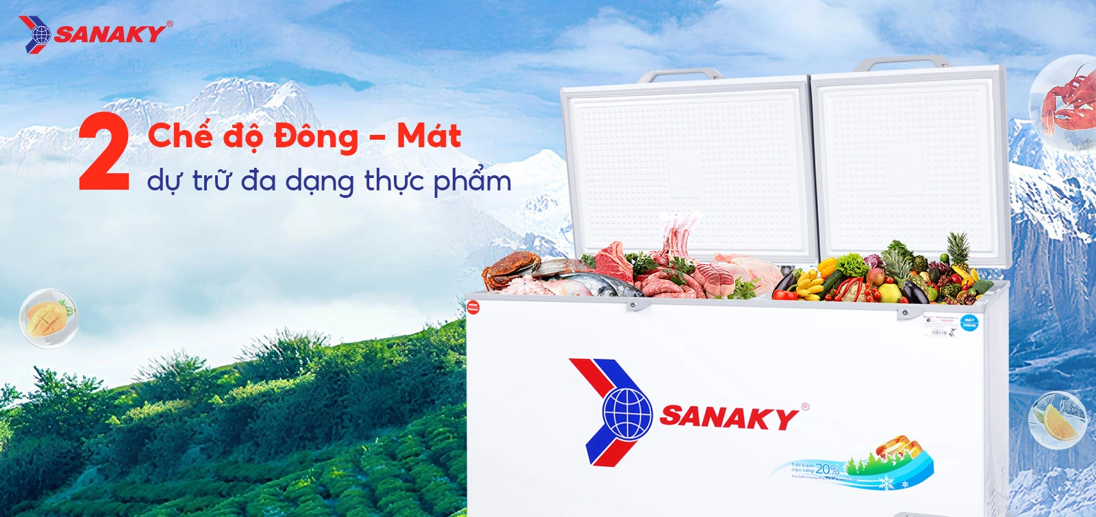 2 chế độ Đông - Mát dự trữ đa dạng thực phẩm Tủ đông mát 485 lít Sanaky VH-6699W1 với 2 chế độ Đông - Mát dự trữ đa dạng thực phẩm