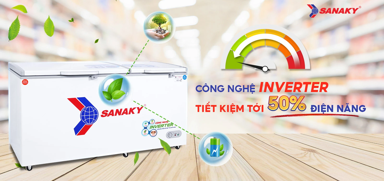 Công nghệ Inverter tiết kiệm tới 50% điện điện năng Tủ đông mát 485 lít Sanaky VH-6699W3 tích hợp công nghệ Inverter tiết kiệm điện năng