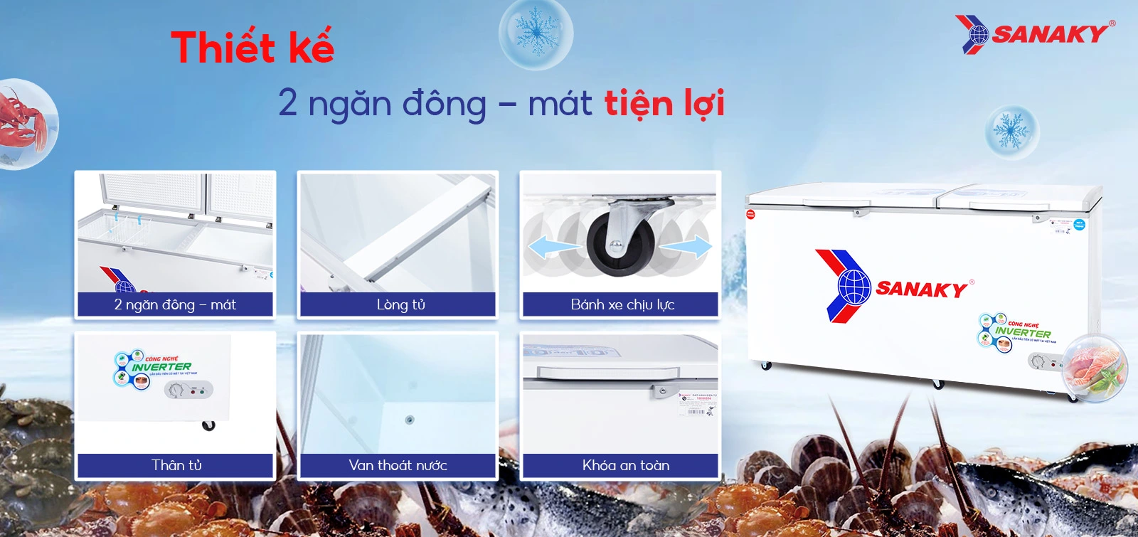Thiết kế 2 ngăn đông - mát tiện lợi Tủ đông mát 485 lít Sanaky VH-6699W3 với thiết kế 2 ngăn đông - mát tiện lợi