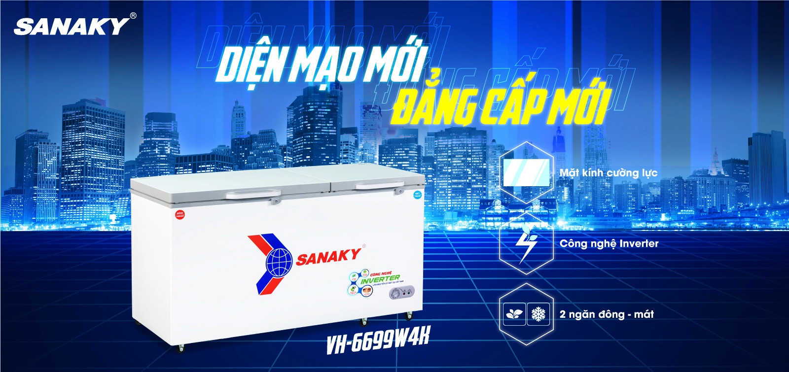 Tủ đông Sanaky VH-6699W4K Tủ đông mát 485 lít Sanaky VH-6699W4K với thiết kế mặt kính cường lực và công nghệ Inverter