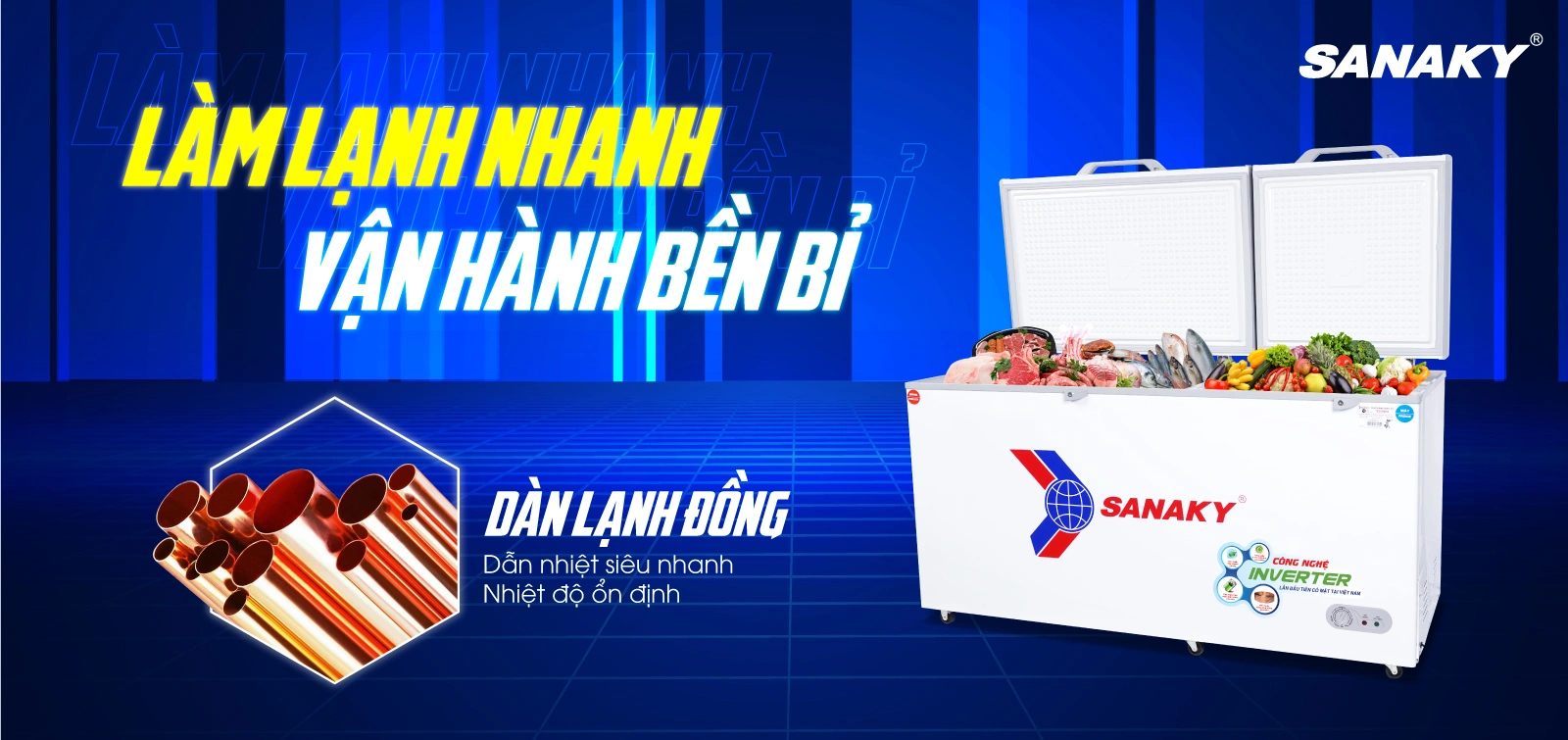 Dàn lạnh bằng đồng kết hợp công nghệ làm lạnh 360 độ Tủ đông mát 485 lít Sanaky VH-6699W4K với dàn lạnh bằng đồng