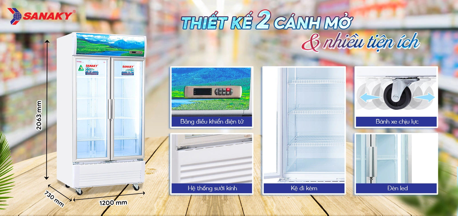 Thiết kế Tủ Mát Sanaky VH-1209HP3 2 cánh mở cùng nhiều tiện ích Thiết kế Tủ mát 1100 lít Sanaky Inverter VH-1209HP3 2 cánh mở với đèn LED và bánh xe chịu lực
