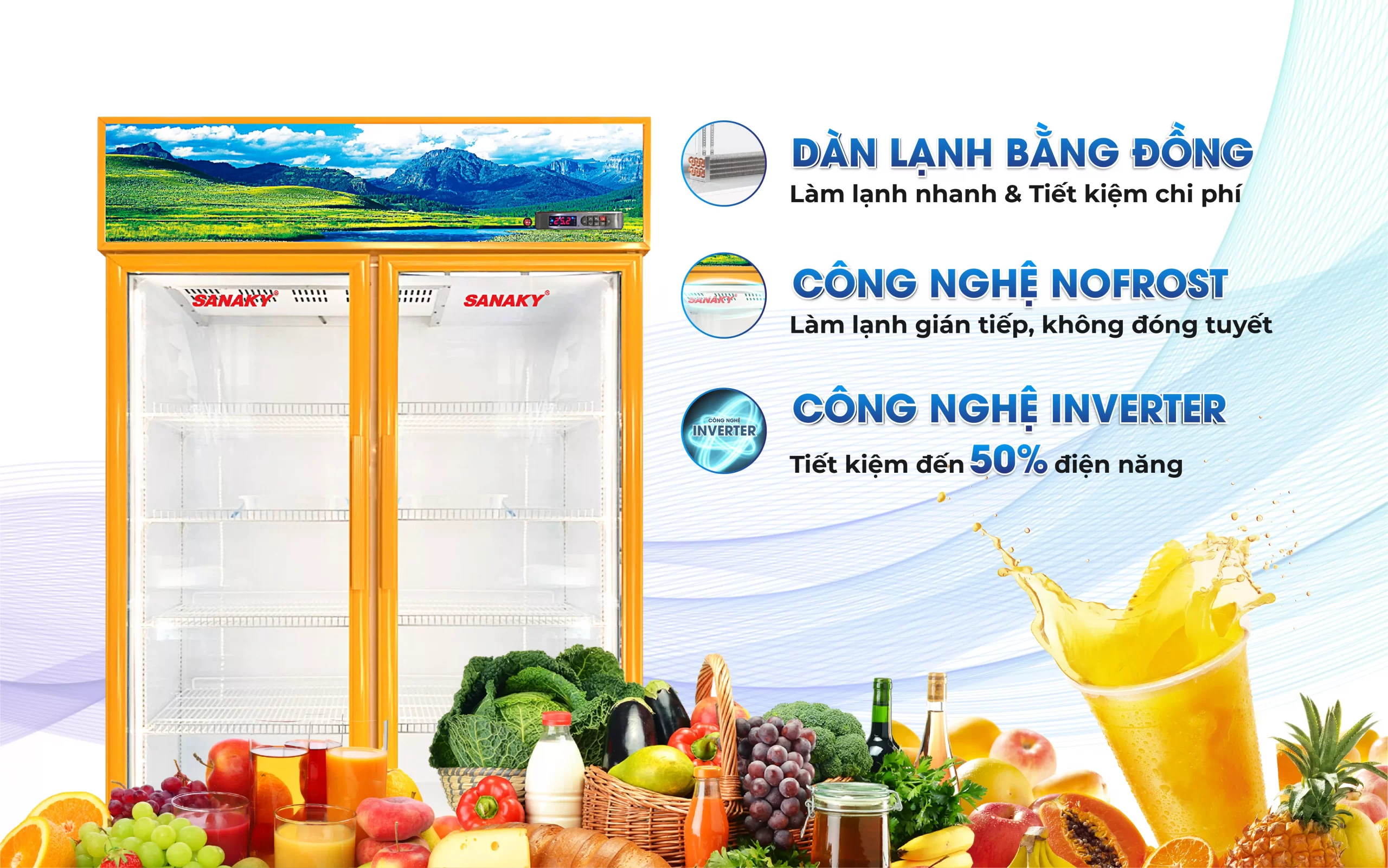 Tủ mát 1100l Sanaky Inverter VH-1209HP3A với công nghệ Inverter và dàn lạnh đồng