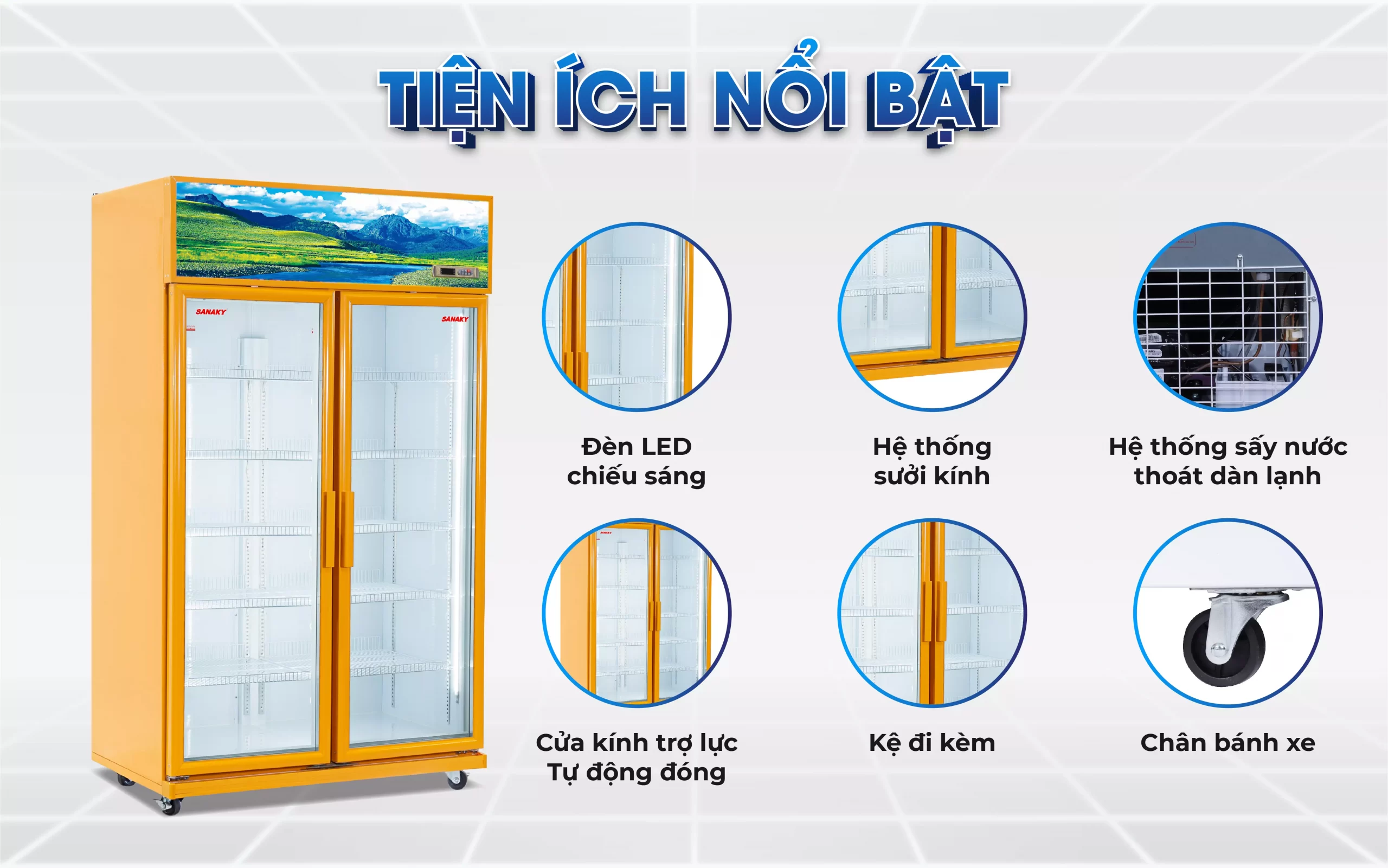 Các tiện ích nổi bật của tủ mát 1100l Sanaky Inverter VH-1209HP3A bao gồm đèn LED, hệ thống sấy nước và bánh xe di chuyển