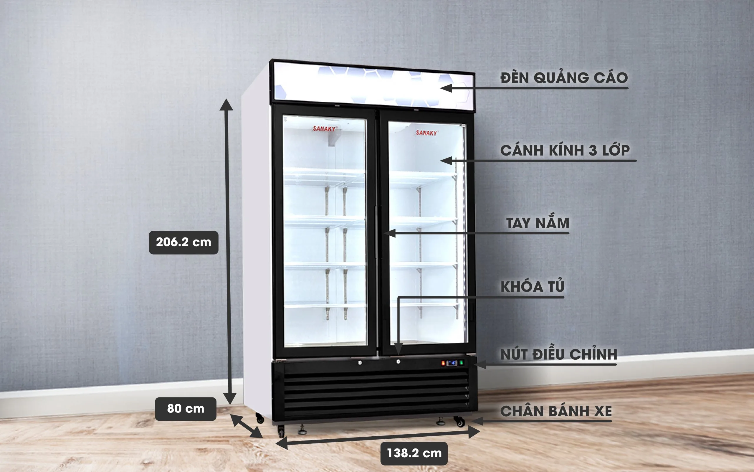 Tủ mát 1320 lít Sanaky VH-1368K với thiết kế cửa kính 3 lớp và đèn quảng cáo
