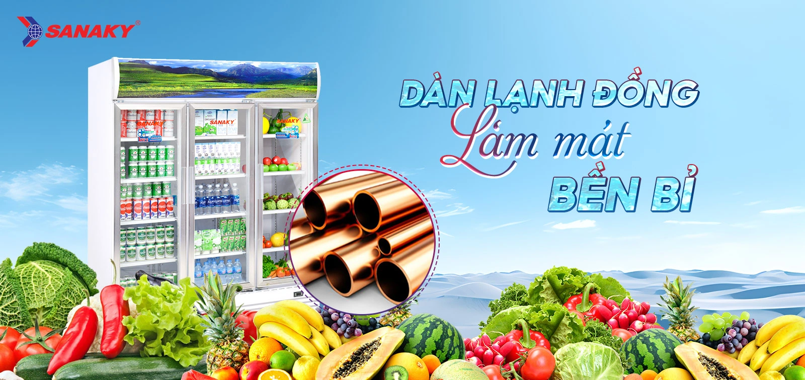 Dàn lạnh đồng làm mát bền bỉ Dàn lạnh đồng làm mát bền bỉ trên tủ mát 1400 lít Sanaky Inverter VH-1520HP3