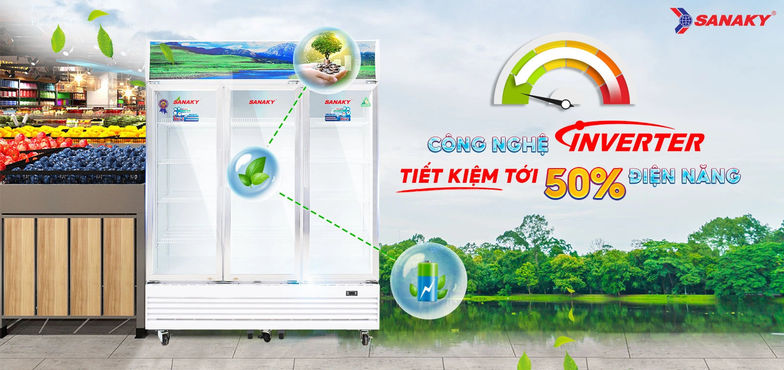 Công nghệ Inverter tiết kiệm tới 50% điện năng Tủ mát 1400 lít Sanaky Inverter VH-1520HP3 tích hợp công nghệ Inverter tiết kiệm điện