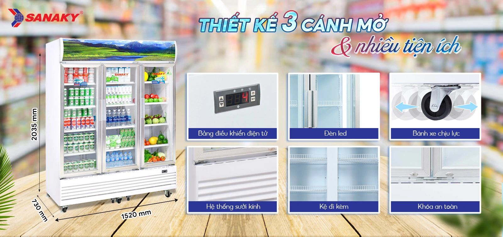 Thiết kế Tủ Mát Sanaky VH-1520HP3 3 cánh mở cùng nhiều tiện ích Thiết kế Tủ mát 1400 lít Sanaky Inverter VH-1520HP3 3 cánh mở cùng nhiều tiện ích