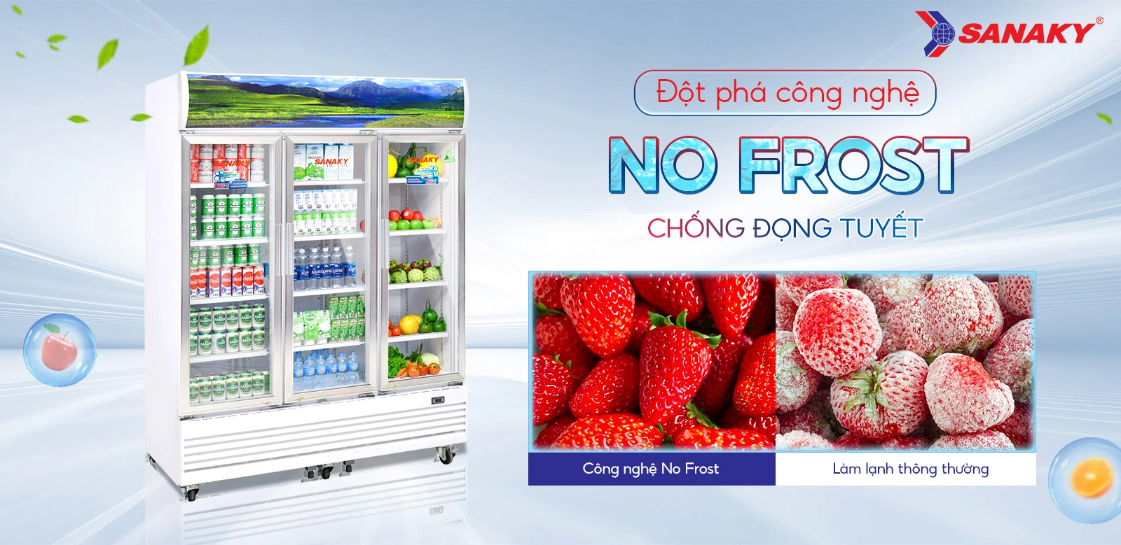 Đột phá công nghệ No-frost chống đọng tuyết Công nghệ No-Frost trên tủ mát 1400 lít Sanaky Inverter VH-1520HP3 giúp chống đọng tuyết